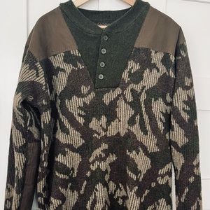 LL Bean Mens Henley Sweater Green Beige Merino Wool Camo Padded Camp Hunting XXL